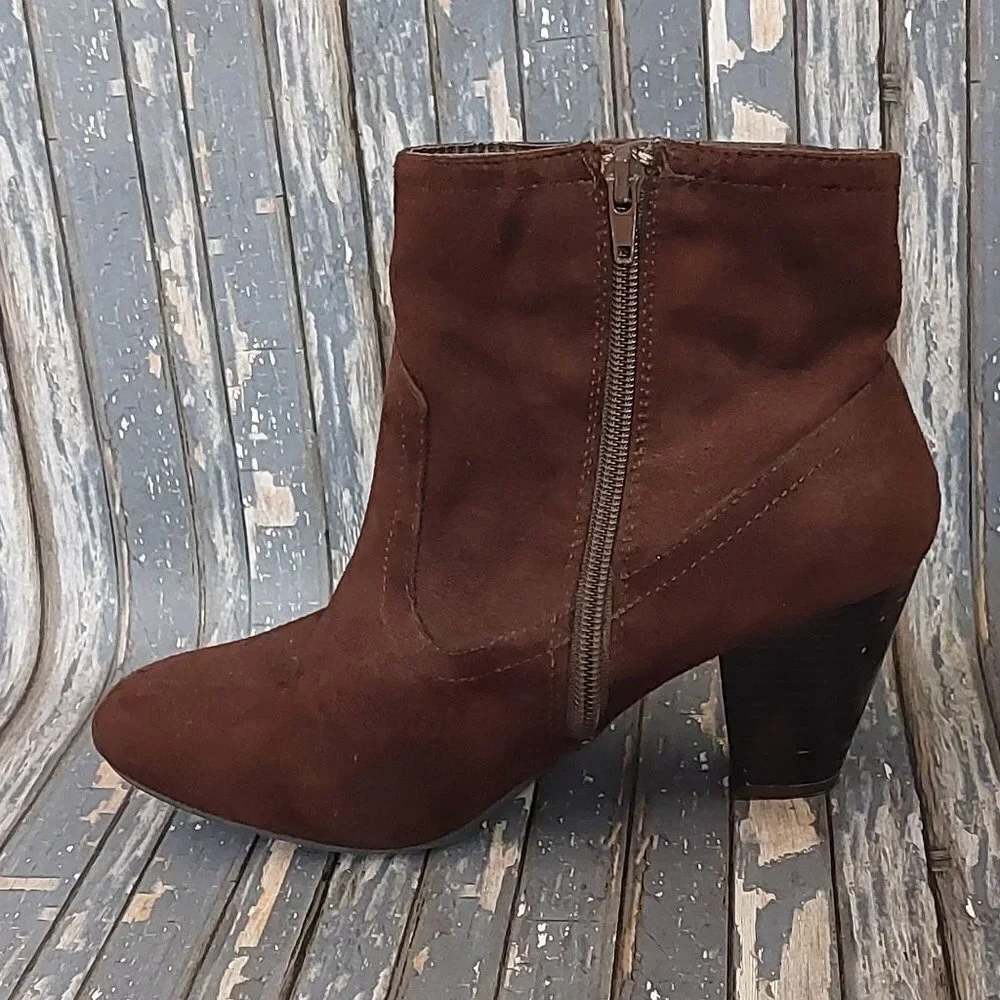 Cato Size 8 Side Zip Ankle Boots Block Heel Booties Brown Faux Suede Fringe